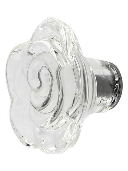 Rose Design Clear-Glass Cabinet Knob with Brass Base - 1 1/2 inch Diameter.